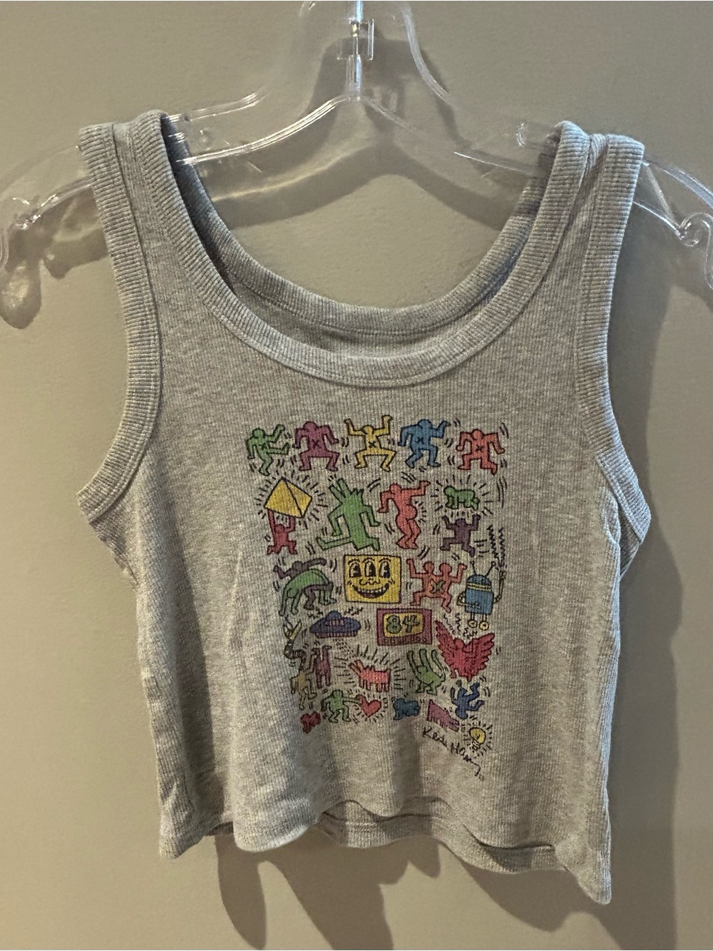Women’s Grey Ribbed Crop Tank featuring Kieth haring artwork